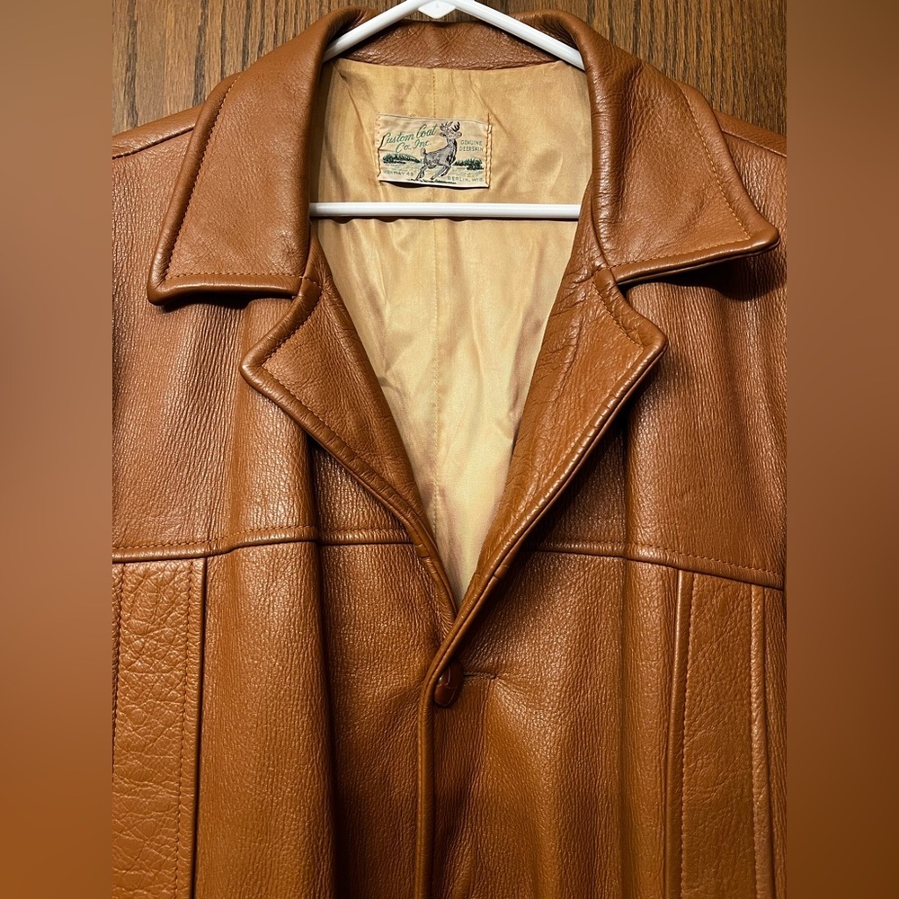 Rare! Vtg 70s Custom Coat Co Deerskin Leather Coat, belted waist Men’s 2XL - Picture 3 of 16
